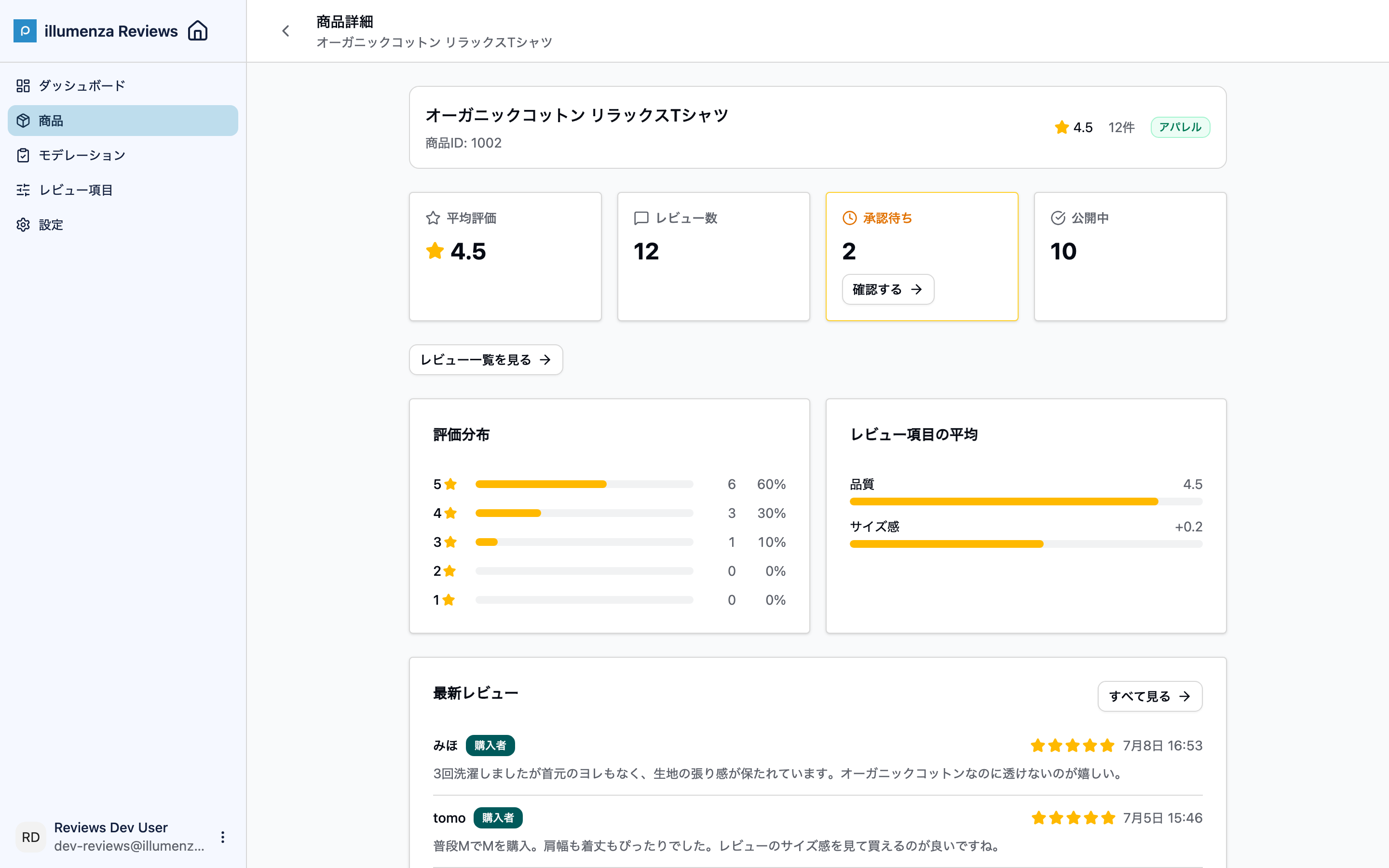 商品詳細のレビュー項目集計画面